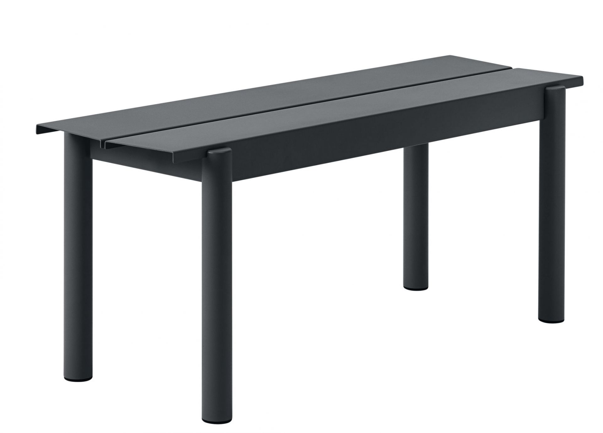 Muuto Linear Steel Bench, graue Outdoor Bank aus Stahl mit minimalistischem Design.
